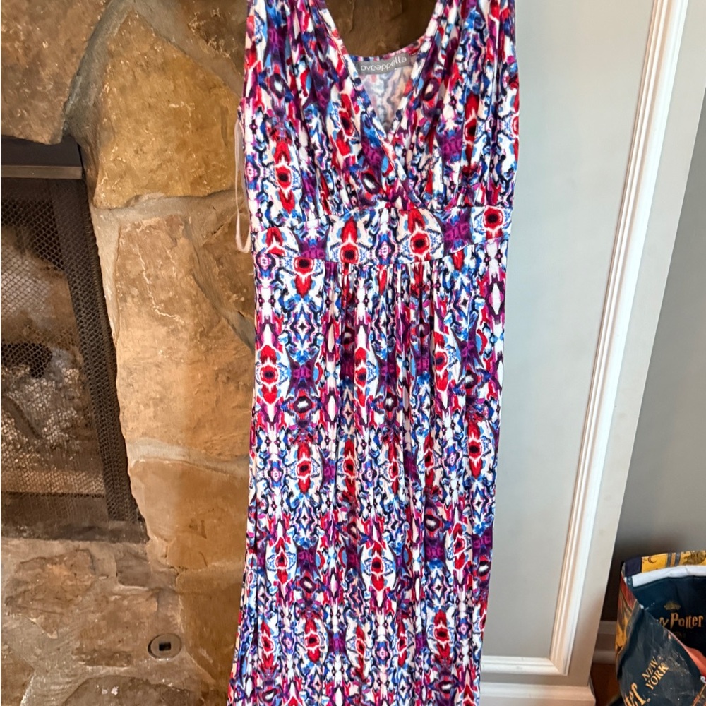 Loveappella Red Blue White Patterned Maternity Maxi Dress, Size L